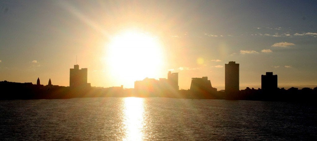 Sun rising on Boston city