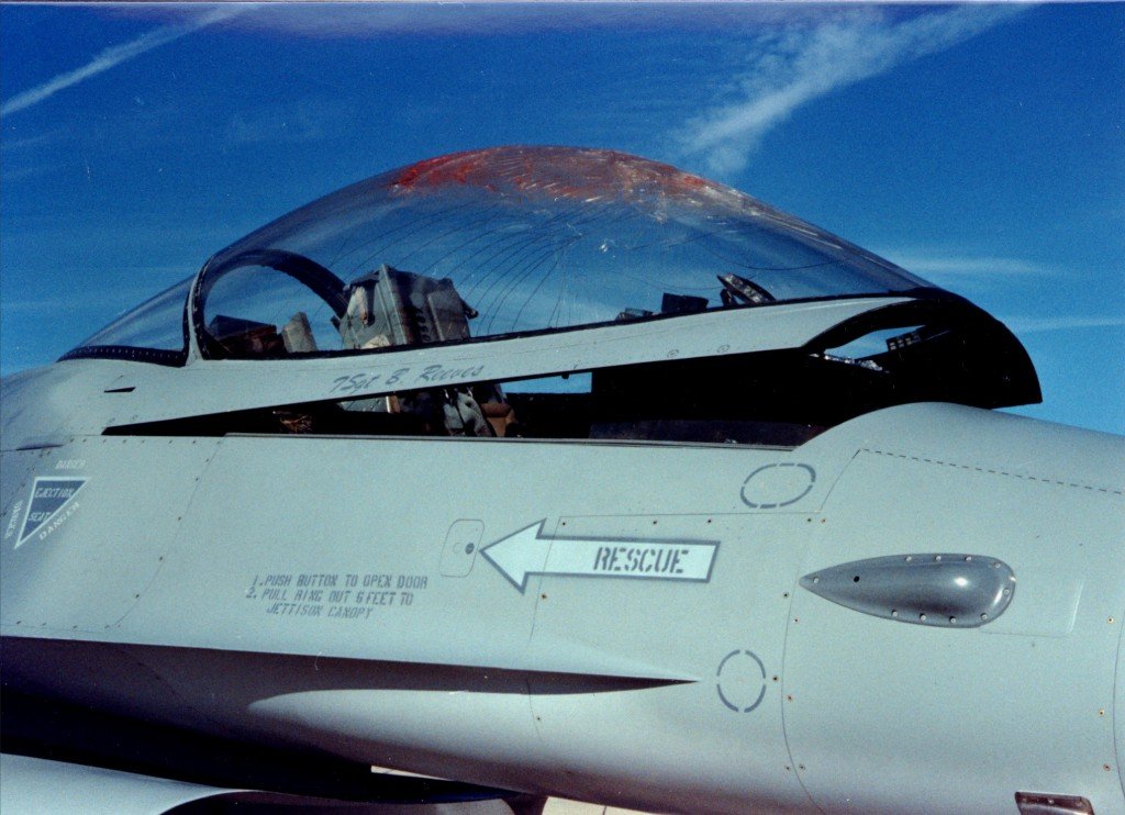 Rachado, dossel, F-16, após, pássaro, greve