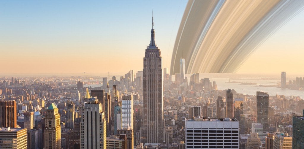 Skyline de New York City Manhattan no por do sol.