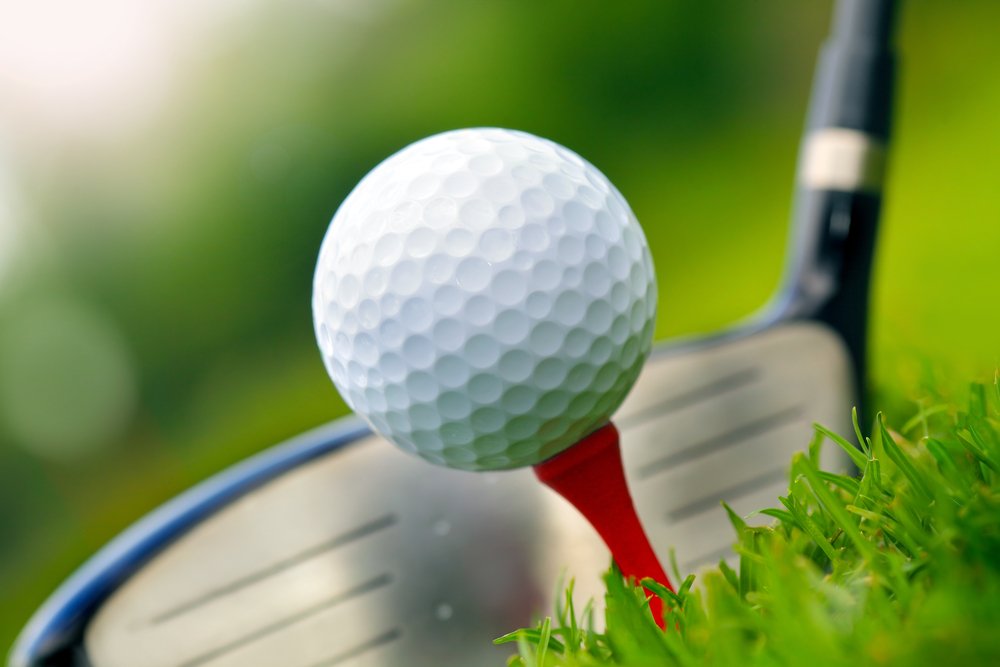 Golf club and ball in grass