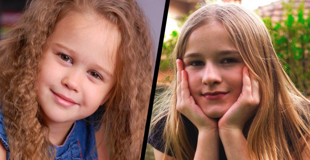 Curly little blond girl portrait smiling cute kid & straight hair girl