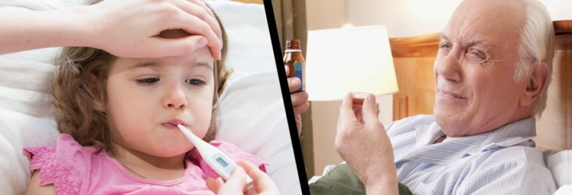 Sick child with high fever laying in bed & old man sick