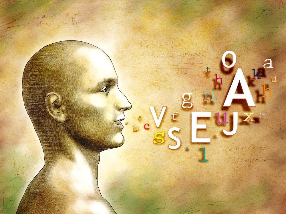 Cabeça masculina com letras do alfabeto saindo de sua boca. Ilustração digital do discurso humano