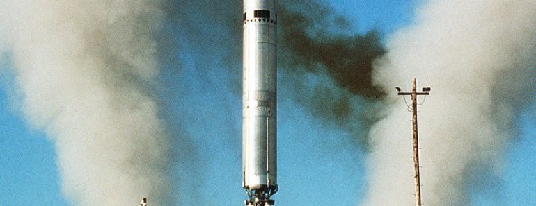 An LGM-25C Titan II missile is launched at Vandenberg Air Force Base, California (USA), in 1975.