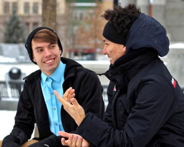 Two men people talking stranger