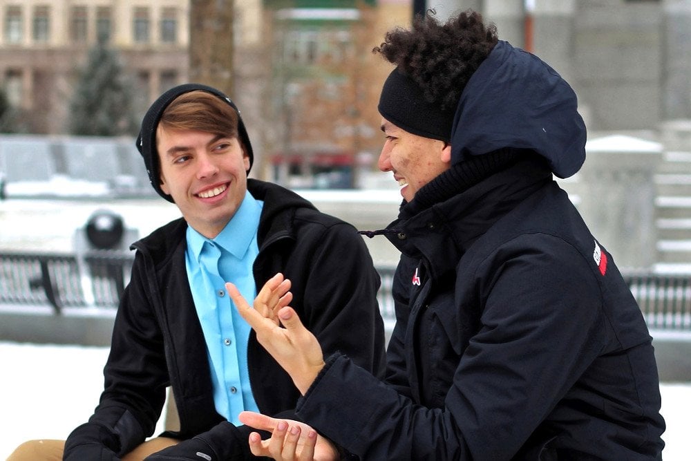 Two men people talking stranger