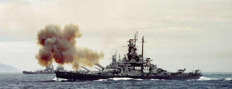 USS Indiana bombarding Kamaishi 14 July 1945