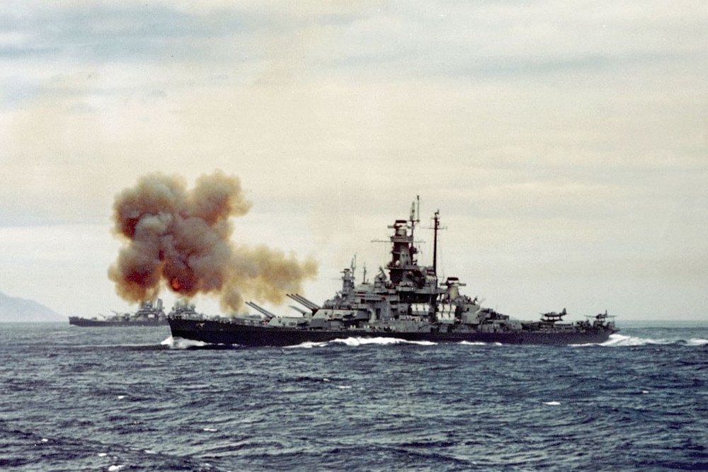 USS Indiana bombarding Kamaishi 14 July 1945