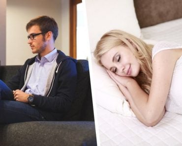 Man sitting on sofa & girl sleeping on bed