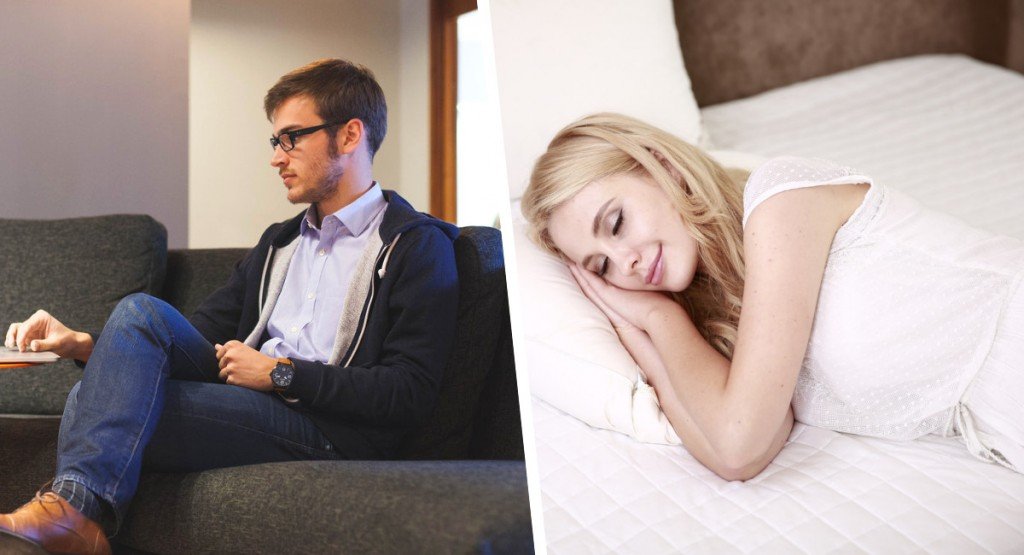 Man sitting on sofa & girl sleeping on bed