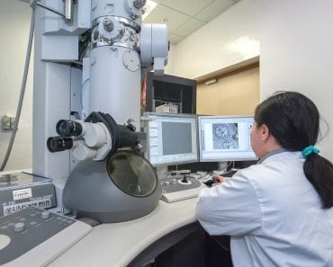 Scientists watching in electron microscope