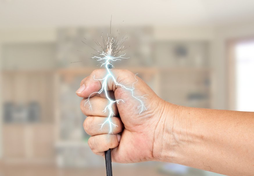 Shock live wire in human hand