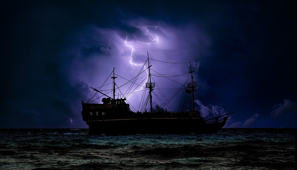 lightning storm ship sea ocean pirate