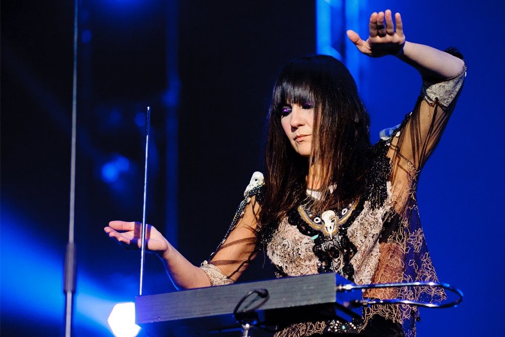 BARCELONA DECEMBER 29 Eva Amaral singer of Amaral band playing a theremin at the Fnac Music Festival in Palau Sant Jordi on December 29, 2011 in Barcelona, Spain. Image(catwalker)s