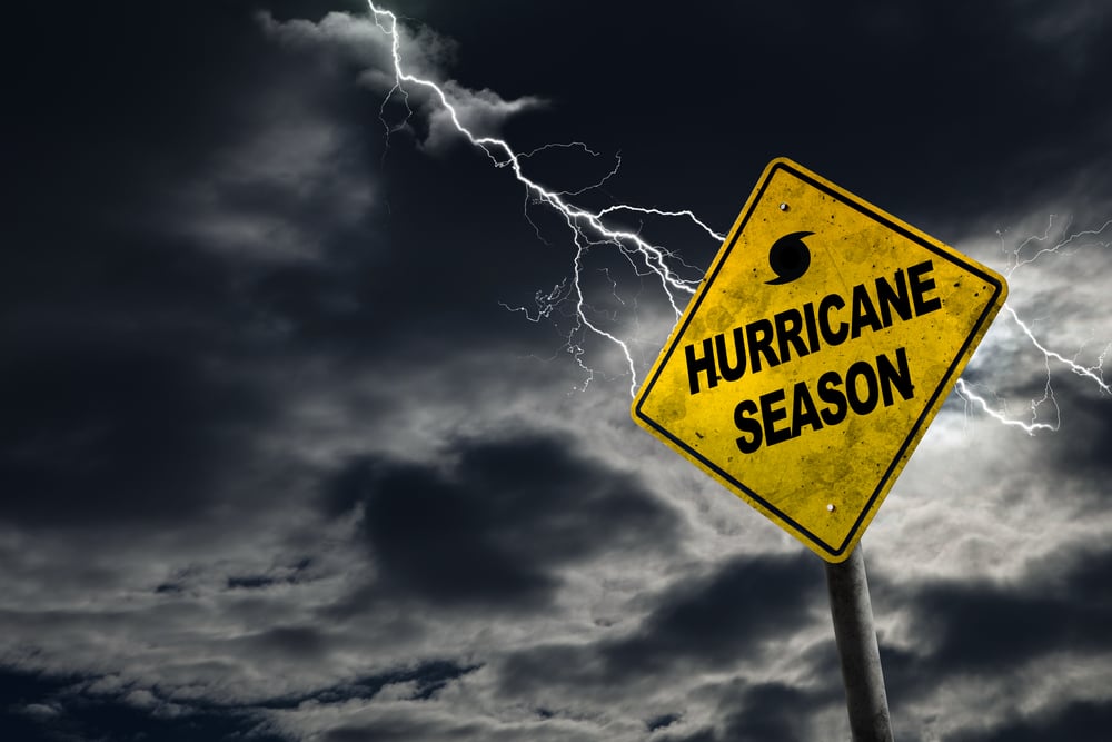 Hurricane season with symbol sign against a stormy background and copy space. Dirty and angled sign adds to the drama. - Image( Ronnie Chua)s