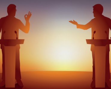Concept of political debate, with two candidates behind their desks, who are fighting for leadership and conquering power(Pictrider)s