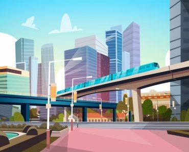Modern City Panorama With High Skyscrapers And Subway Cityscape Background Flat Vector Illustration - Vector(ProStockStudio)s