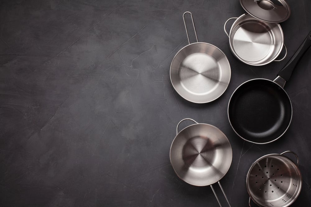 Set of kitchen metallic pans. Mockup, kitchen utensils, recipe book, cooking classes concept - Image(Netrun78)S