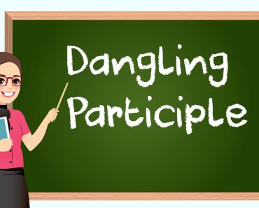 Dangling Participle, Female teacher in classroom teaching lesson pointing at greenboard and holding book - Vector