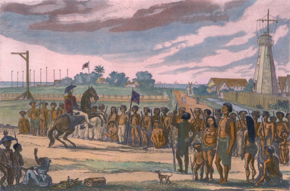 Natives of the colony of British Guiana are reviewed prior to their clean up operations( Everett Historical)s