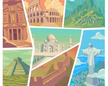 Seven wonders of the modern world vector illustration Great Wall of China Petra The Colosseum Chichen Itza Machu Picchu Taj Mahal Christ the Redeemer - Vector( Angelica Ermakova)s