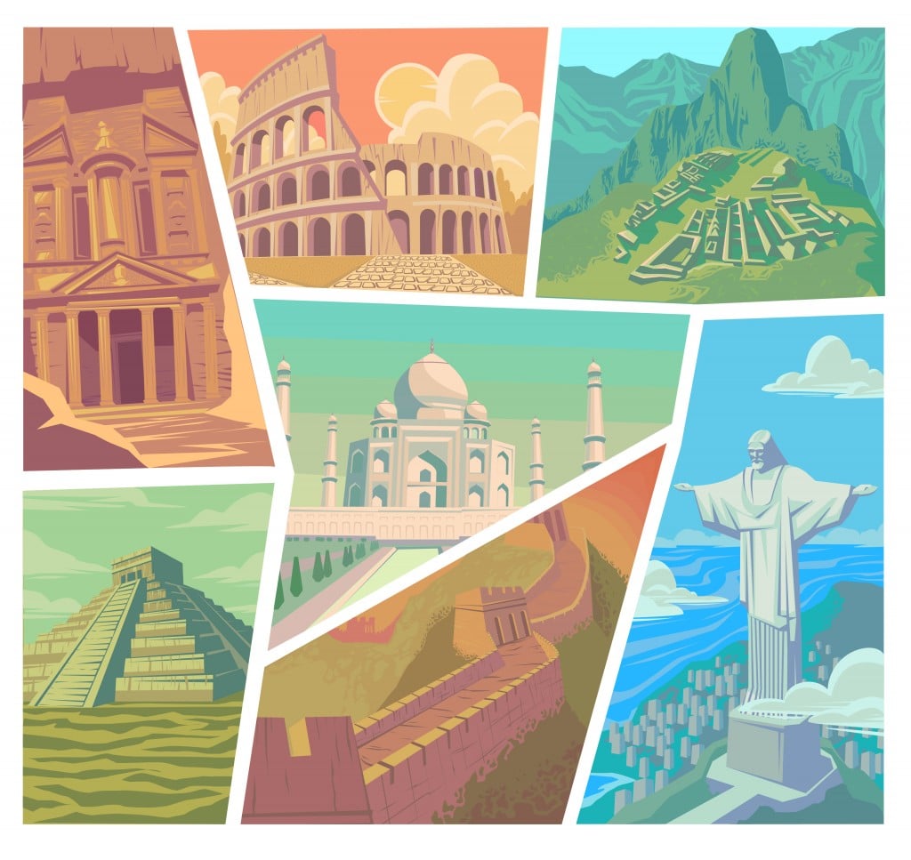 Seven wonders of the modern world vector illustration Great Wall of China Petra The Colosseum Chichen Itza Machu Picchu Taj Mahal Christ the Redeemer - Vector( Angelica Ermakova)s