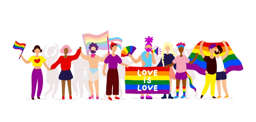 Gay parade. Interracial group of gay, lesbian, transgender activists participating in lgbtq pride(Innart)s