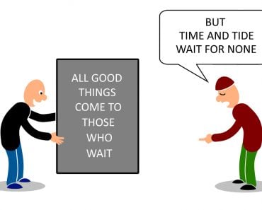 Two man talking on two contradict proverbs on time(mypokcik)s