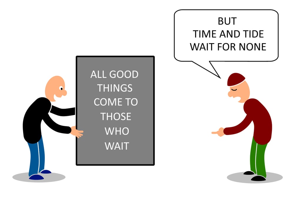 Two man talking on two contradict proverbs on time(mypokcik)s