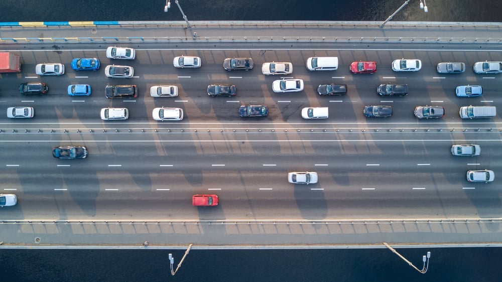 Aerial top view of bridge road automobile traffic of many cars(JaySi)S