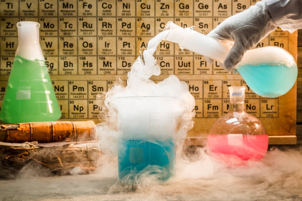 University chemical lab during experiment with periodic table of elements(Shaiith)S