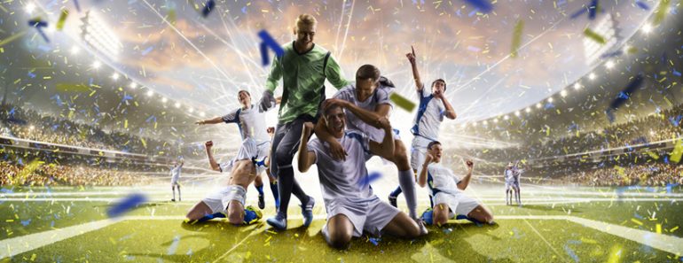 Collage adult soccer players in action on stadium panorama(Eugene Onischenko)s
