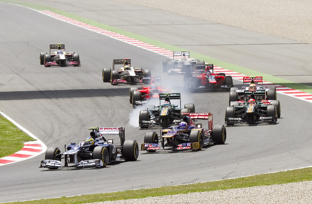 Some cars racing at the race of Formula One Spanish Grand Prix at Catalunya circuit(Natursports)s