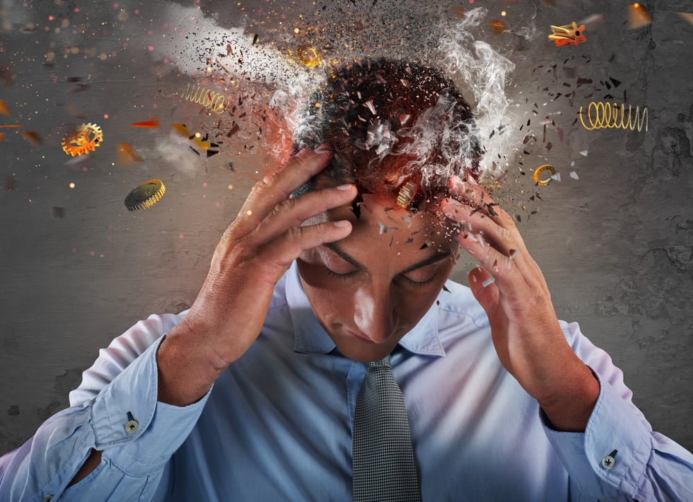 Head explosion of a stressed and tired businessman due to overwork(alphaspirit)S