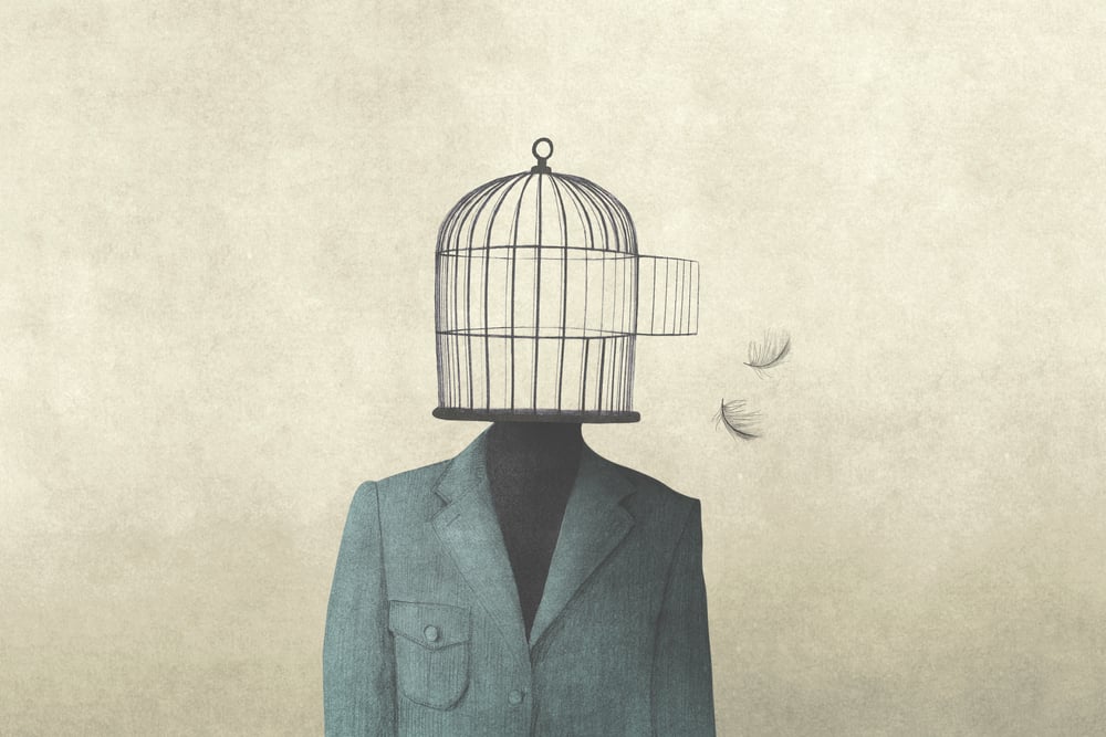 illustration of man with open birdcage over his head, surreal freedom concept(fran_kie)s