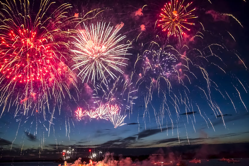 colorful fireworks on the black sky background over-water(YORIK)S