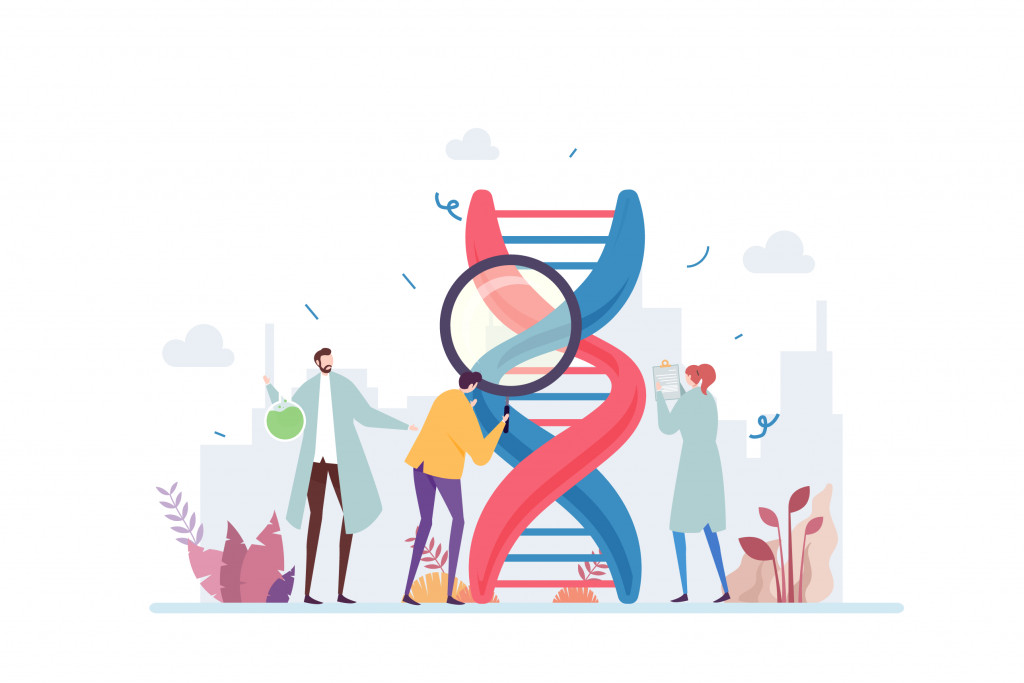 Genetic DNA Science Vector Illustration Concept Showing a group of scientist investigating DNA