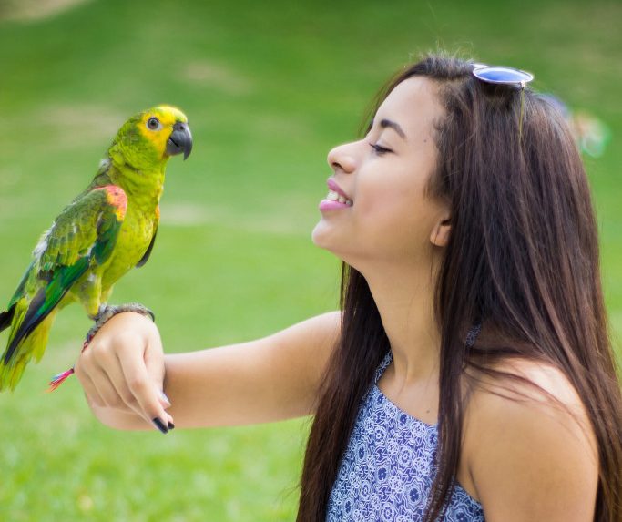 girl talking with parrot