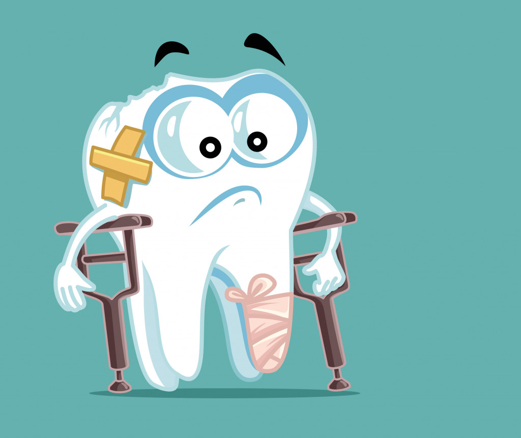 Strong cartoon tooth with a glass of milk and muscles