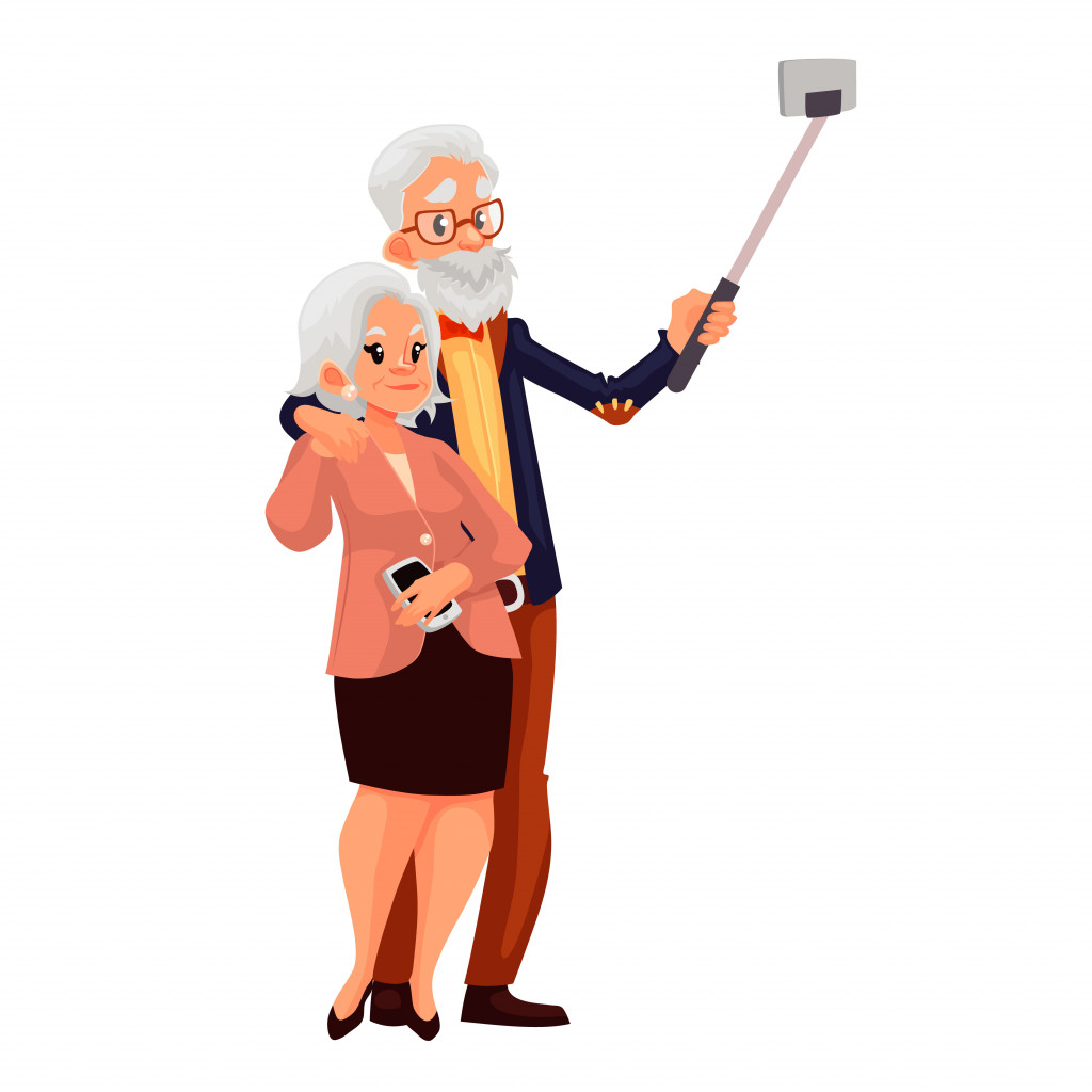 Anziana coppia caucasica dai capelli grigi che prende selfie, illustrazione vettoriale in stile cartone animato