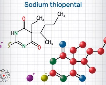 Sodium thiopental drug molecule. It is a rapid-onset short-acting barbiturate general anesthetic. Structural chemical formula and molecule model. Sheet of paper in a cage. Vector illustration