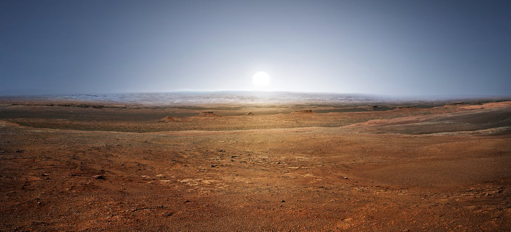 Sunset,On,Planet,Mars.,Scenic,Desert,Scene,On,The,Red