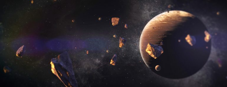 3d,Illustration,Of,Asteroids,With,Particles,Of,Gold,Suspended,Around