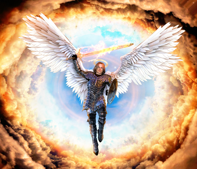 Archangel Michael, with flaming sword and shield, flying on feathered wings into hell, 3d render painting