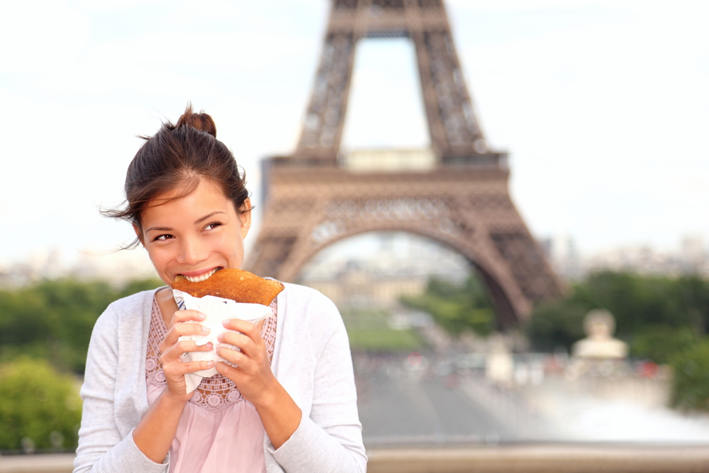 Paris,Woman,Eating,Pancake,In,Front,Of,Eiffel,Tower,,Paris,