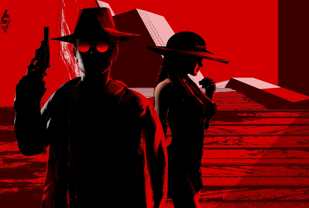 3d render noir illustration of armed detective woth gun posing with lady in black dress and hat on red and black styled city stairs and skyscrapers on background.