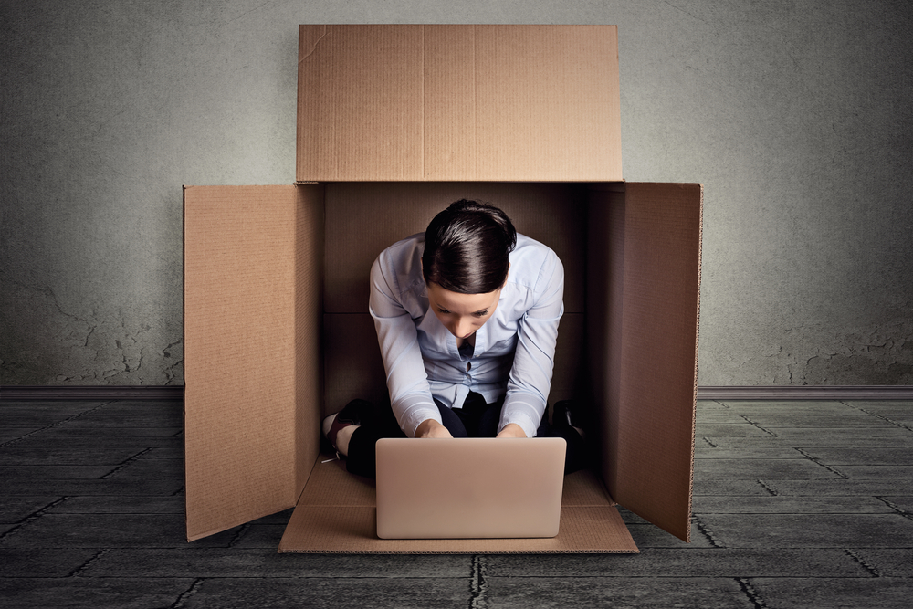 Closeup,Young,Introvert,Businesswoman,Hiding,Sitting,In,The,Carton,Box