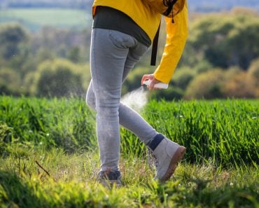 Woman,Hiker,Spraying,Insect,Repellent,Against,Tick,On,Her,Legs