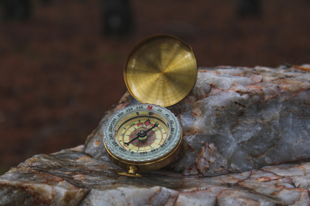 Detailed,Photo,Of,Vintage,Compass,On,Rock,In,A,Forest.