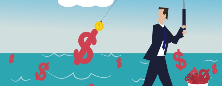 A business man standing fishing money with gold coin